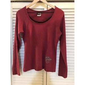 Harley Davidson Womens Red Long Sleeve Top Size Large Logo Lace Trim Orlando